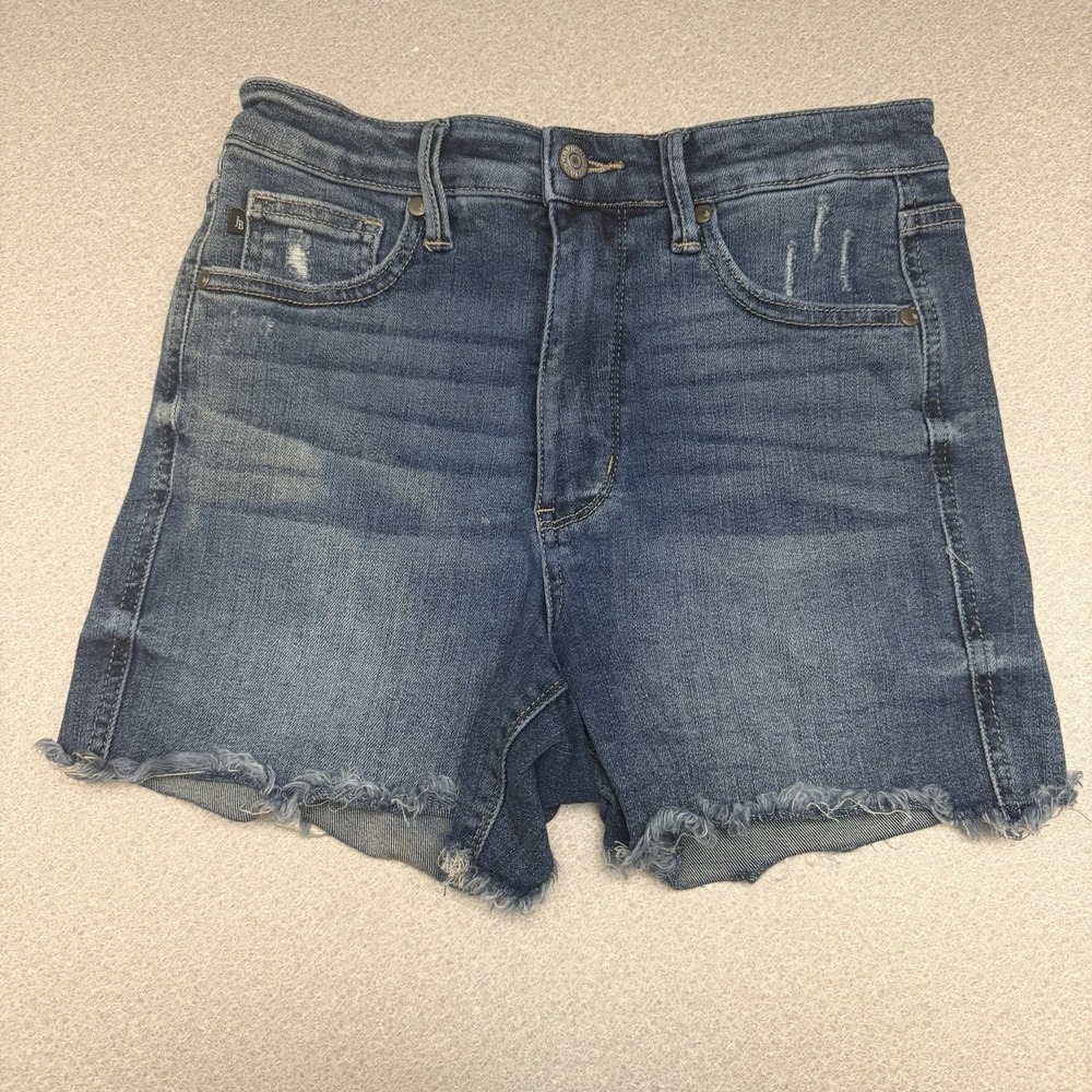 JUDY BLUE M Blue Mid Rise Beach Splash Cut Off Distressed Shorts Women 4" Inseam